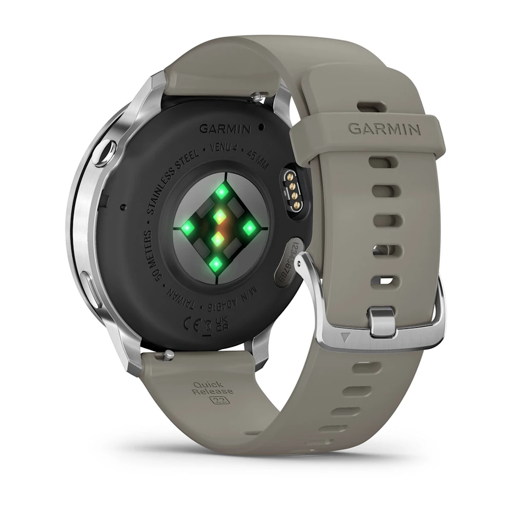 Garmin Venu 4 Silver Gray 45mm Sudraba krāsā ar sudraba pelēku silikona siksniņu 45mm